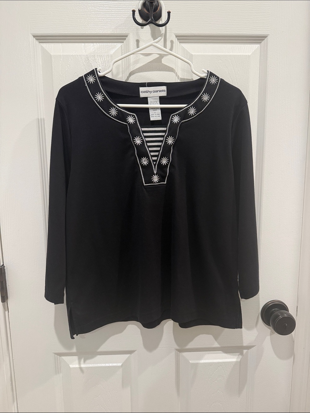 Cathy Daniels Black V-Neck Tunic with Star Embroidery